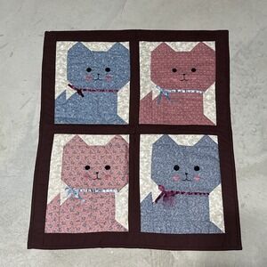 Kitty Cat Quilt Wall Hanging Handstitched Artwork SZ 20x25 Baby Blue Pink